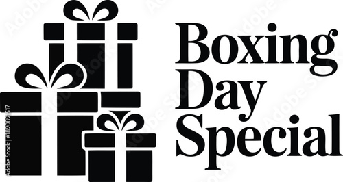 A festive black and white graphic announces a special Boxing Day sale with stacked gift boxes