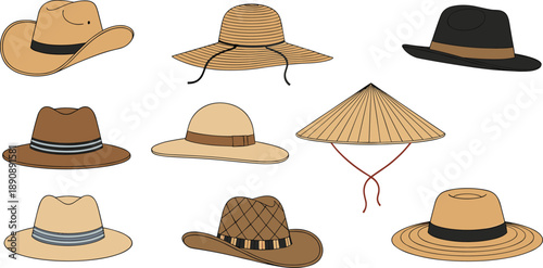 Hat Vector Illustration Set with Cowboy Fedora Straw and Traditional Conical Hats for Fashion Accessories Travel Outfits and Casual Style Designs