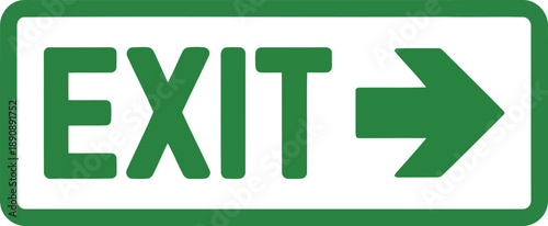 A green rectangular exit sign with white background and a clear right pointing arrow