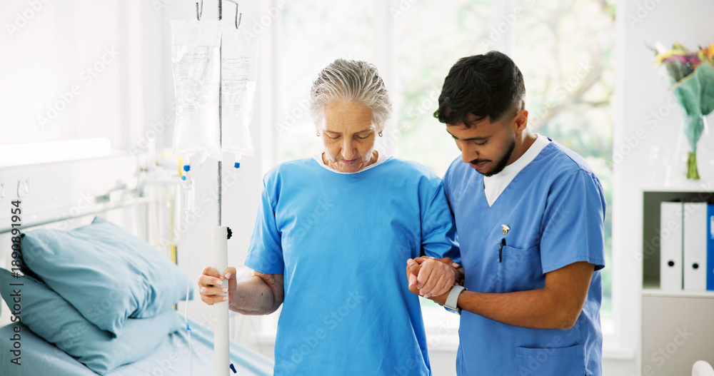 Obraz premium Physiotherapist, senior woman and support for walking, help and holding hands with IV drip at hospital. Man, elderly patient and care for recovery, injury or rehabilitation with steps at clinic
