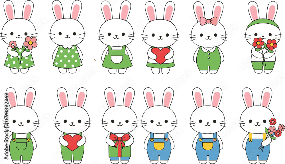 Obraz premium Cute Bunny Character Vector Illustration Set with Adorable Rabbits in Different Outfits Holding Flowers Hearts and Gifts for Kids Stickers and Spring Designs