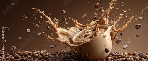 Coffee splash from cup with beans raining down