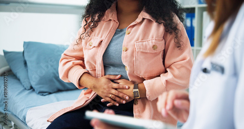 Pain, gynecologist and doctor with woman in hospital for consulting, appointment and endometriosis. Healthcare, clinic and person with patient for miscarriage, medical service and fertility crisis