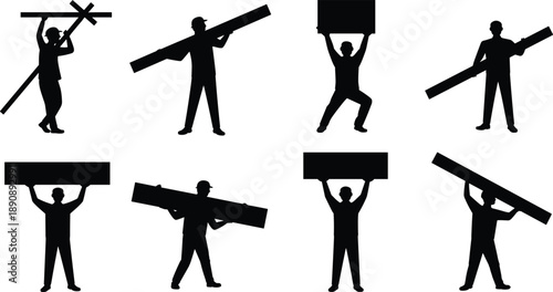 Construction worker silhouettes lifting and carrying beams, manual labor poses for building site, black flat vector illustration set, industrial workforce concept