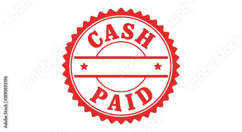 A vibrant red circular stamp boldly displays the words cash and paid in white lettering with star accents