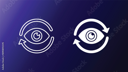 Two white eye icons with circular arrows on a blue gradient background symbolizing vision and rotation