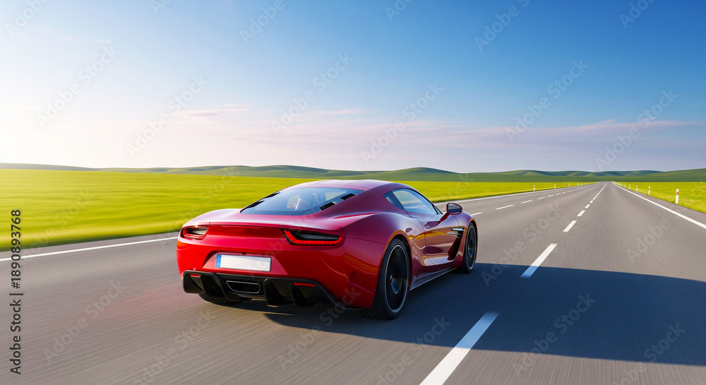 Naklejka premium Red sports car driving on a scenic highway through green countryside on a sunny day with clear blue sky