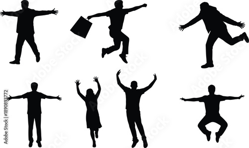 Happy people jumping silhouette set, energetic business and casual human poses, success celebration concept, black flat vector illustration isolated on white background