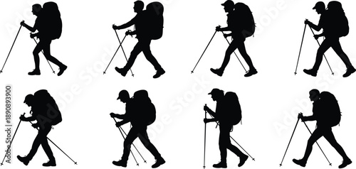 Hiking backpacker silhouettes walking with trekking poles, outdoor adventure travelers in motion, black vector illustration set isolated on white background for travel design