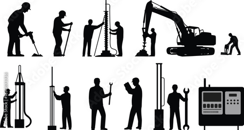 Industrial drilling and construction workers silhouettes with heavy machinery, excavation equipment, engineering tools, oil and gas workforce activities, black vector illustration isolated