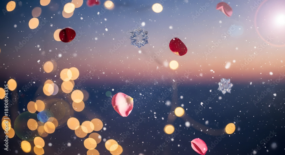 Fototapeta premium Dreamy winter bokeh background with golden lights, falling snowflakes, and pink rose petals on twilight gradient sky.