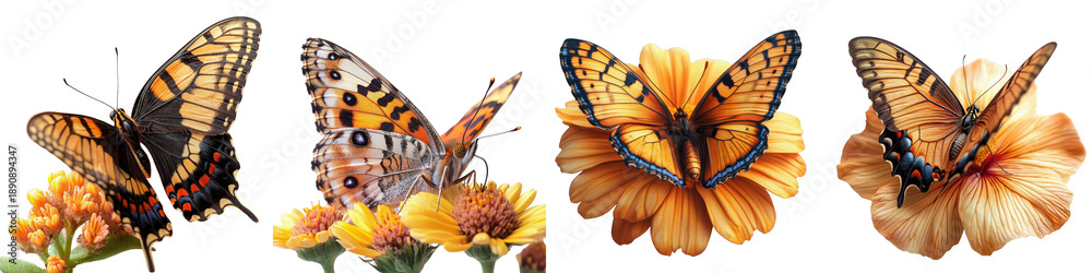 Fototapeta premium Butterfly Drinking Nectar from a Flower - Essential Pollination Moment Isolated on Clear White Background Highly Detailed