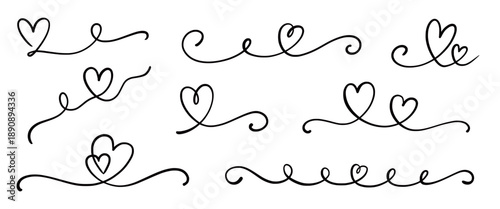 Heart line love set. Heart line outline swirl ribbon calligraphy hand drawn element design wedding graphic vector. Romantic doodle brush flourish elegant border love shapes. Vector illustration