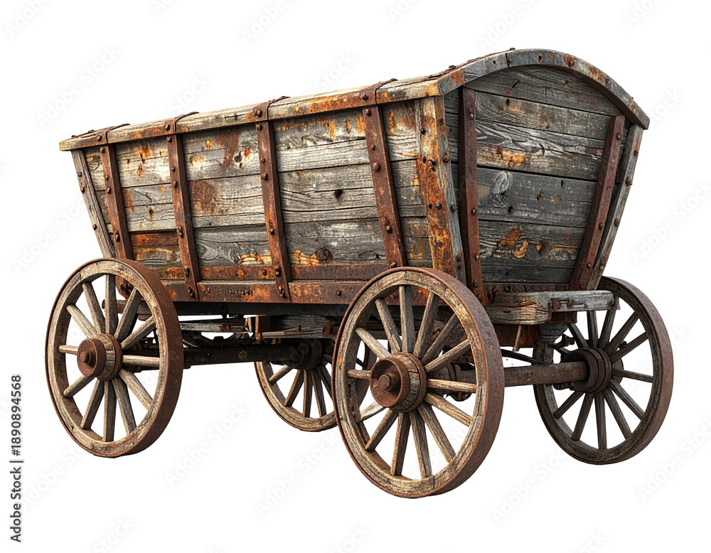 Fototapeta premium Aged, weathered wooden cart on rustic spoked wheels, with rusted metal accents