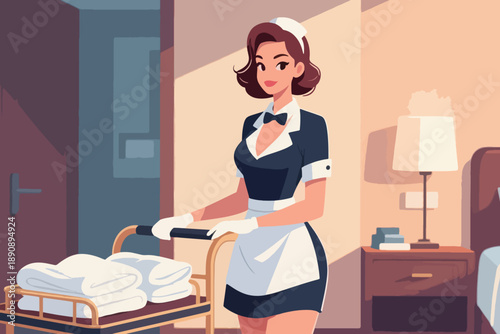 Illustration Of A Female Hotel Employee Carrying Folded Blankets And Mattress Covers On A Trolley Vector Design Template