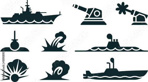 Assortment of naval combat and marine elements displayed as black silhouettes for military themes