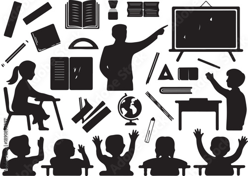 Black and white classroom scene with students and teacher