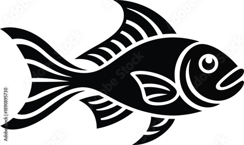 Black silhouette of a stylized fish with decorative fins and an open mouth swimming