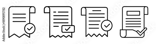 Document and receipt checkmark vector line art icon set for web