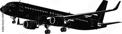 Black airplane silhouette vector illustration of a commercial jet airliner landing with landing gear down isolated on white background.