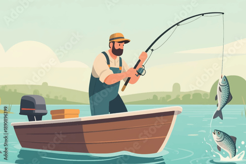 Illustration Of A Man Wearing A Hat With A Beard On His Face, Riding A Boat On A Lake While Fishing Vector Design Template
