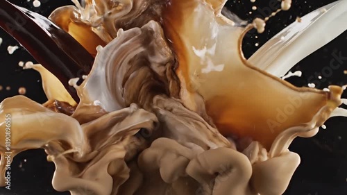 Dramatic close-up of coffee and milk colliding in a high-speed liquid explosion against a black void. Dynamic fluid mixing, macro product shot.