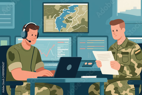 Illustration Of A Soldier Working On A Laptop And His Friend Carrying Papers In A Cyber Digital Military Space Vector Design Template