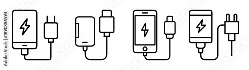 Mobile device charging, power bank and adapter line icon set.