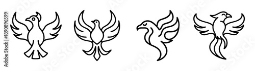Set of outline phoenix bird icons. rebirth symbol vector design kit.