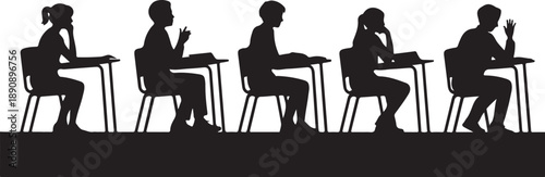 Five silhouettes of students sitting at desks in a classroom