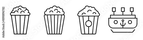 Line art icons set: cinema popcorn, striped buckets and a cruise ship.