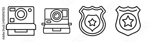 Surveillance cameras, police badges vector line art icons set.