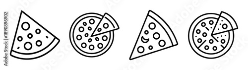 Pizza slice and whole pie outline icons set for fast food apps