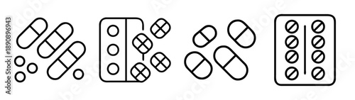 Collection of medical pills and blister pack line art icons set
