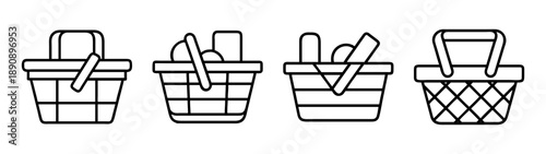 Various line art basket icons for picnic and shopping themes