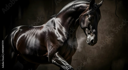 Majestic Black Stallion Horse with Muscular Detail in Dramatic Low Key Lighting