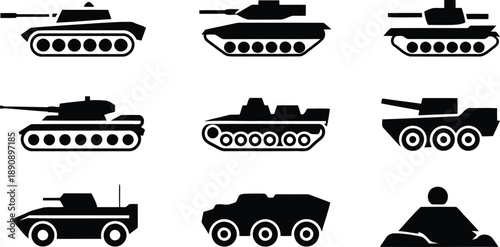 Diverse collection of military land force vehicles such as tanks and personnel carriers in silhouette form