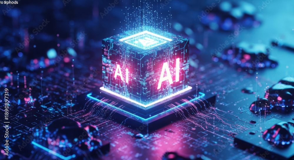 Fototapeta premium Illuminating the Digital Frontier A Captivating Close Up of an AI Powered Processor Unit Showcasing the Intricate Circuitry and Futuristic Design of Artificial Intelligence