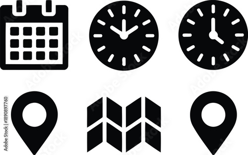 Essential black solid icons depicting calendar dates, clocks, and various location map pins