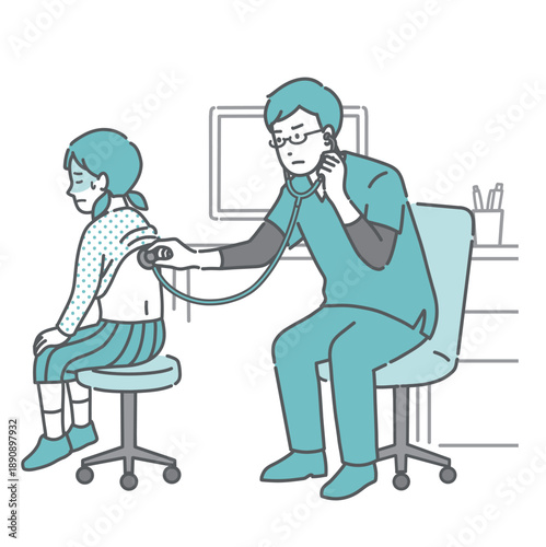 背中の聴診を受ける冷や汗をかいた女の子と深刻な表情のスクラブの男性医師のイラスト