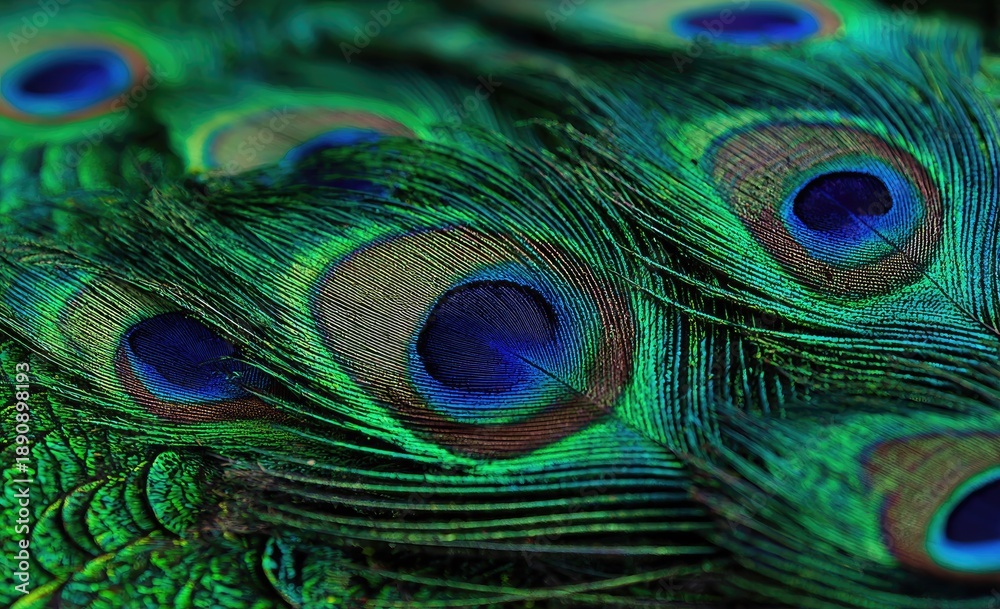 Fototapeta premium Close-up of vibrant, iridescent peacock feathers with eye-like patterns