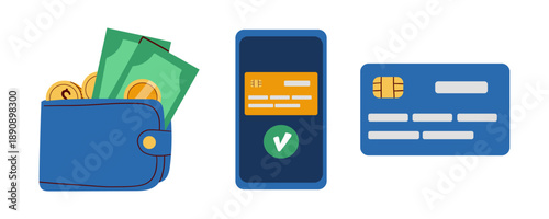 Payment methods, Online payment and transfer money. Save money and income. Holding mobile phone for payment, holding money and card bank .