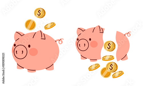 Piggy bank savings. Cartoon piglet jar with gold coin, dollar bill cash hand put coins in pig bank money accumulate financial save profit broken piggybank, neat vector illustration