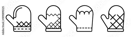 Set of four outline style oven mitt icons with diverse patterns