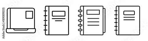 Outline icons of laptop, spiral notebooks. office, education concept.