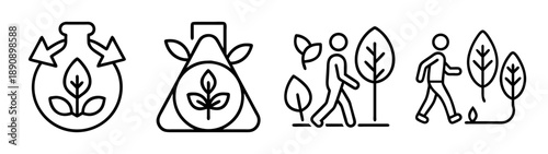 Green chemistry, nature walk, eco-friendly life outline icon set