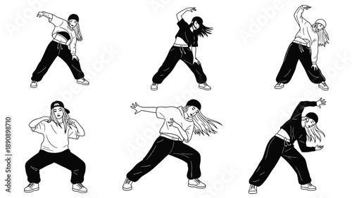 Detailed urban hip hop dancer line art collection featuring modern streetwear outfits for youth culture apparel retail branding and performing arts business resources.