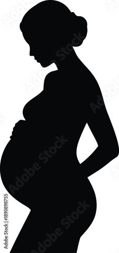 Pregnant woman silhouette in profile gently touching her baby bump symbolizing motherhood and expectation