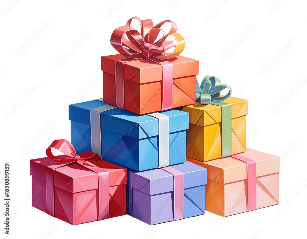 Fototapeta premium Stack of vibrant, paper-wrapped boxes with colorful ribbons, ready for gifting