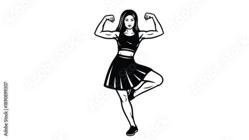 Strong female dancer performing a muscular pose in a sporty skirt for modern fitness studio branding and wellness industry entertainment business marketing assets.